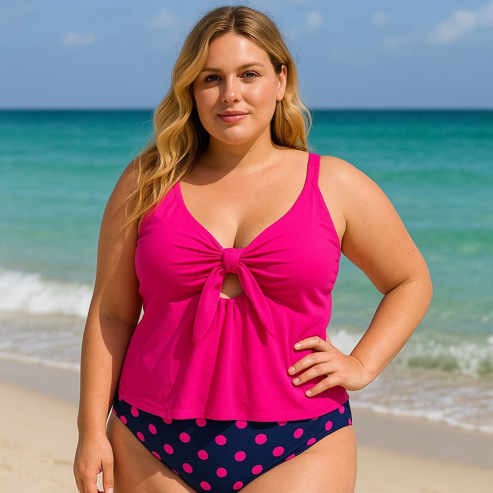 Hanna Nikole Tankini With Tie Front, Keyhole & Removable Pads NWOT Size 24W